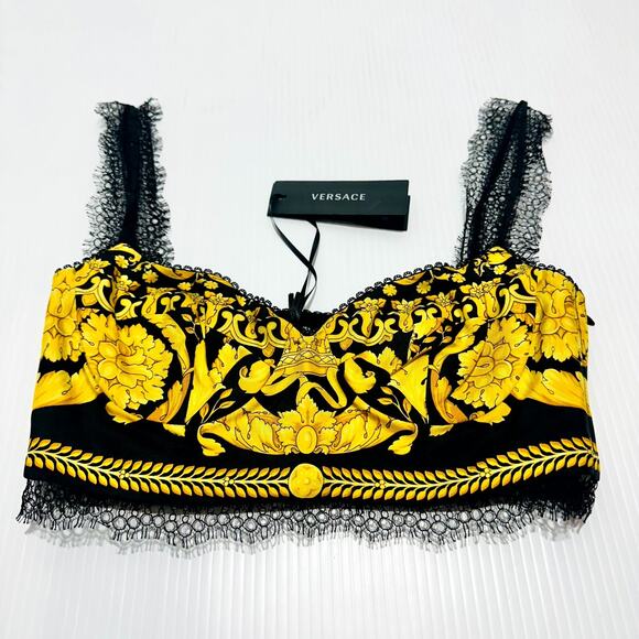 NWT Versace Silk Bralette Crop Top 38 US 2 XS Black Barocco Lace-Trimmed $1,190 - Picture 6 of 13